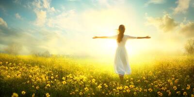 Woman in White Dress in Yellow Flower Field at Sunset photo