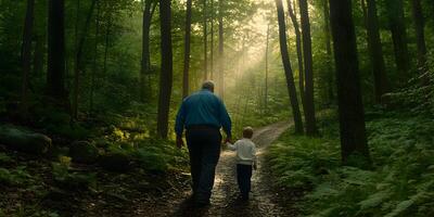 Grandfather and Grandson Walking in Forest Path, Sunbeams photo
