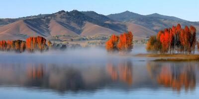 Misty Autumn Lake with Colorful Trees and Mountains photo
