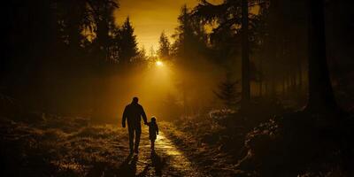 Silhouette of Father and Child Walking in Misty Forest at Sunset photo