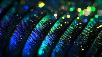 Close-up of iridescent peacock feathers with bokeh lights photo