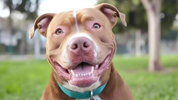 Happy Pitbull Dog Portrait, Brown and White Pitbull Puppy, Smiling Dog Closeup photo