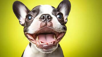 Front Happy French Bulldog Puppy on Yellow Background photo
