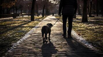 Person Walking Dog on Snowy Path in Park photo