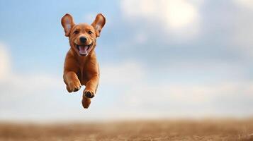 Happy Golden Retriever Puppy Running in the Air photo