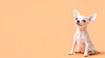 Adorable White Chihuahua Puppy Sitting on Peach Background photo