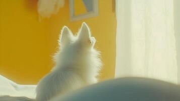 White Fluffy Dog Sitting by Window in Yellow Room photo