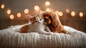 Cute Kitten and Cavapoo Puppy Cuddle on Cozy Blanket photo