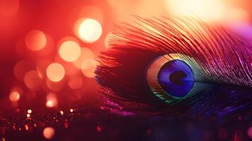 Close-up of Vibrant Peacock Feather with Red Bokeh Lights photo