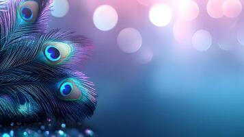 Close-up of iridescent peacock feathers on bokeh background photo