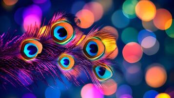 Vibrant Peacock Feathers with Bokeh Lights photo