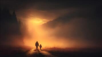 Silhouette of Father and Child Walking on Misty Road at Sunset photo