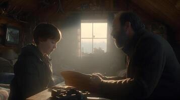 Boy and Grandfather Reading Together in Rustic Attic Room Sunlight photo