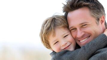 Happy Father and Son Hugging Close Up Image photo