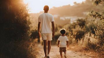 Father and Son Walking Sunset Nature Path Golden Hour photo