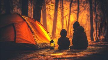 Silhouette of Parent and Child Camping at Sunset near Illuminated Tent photo