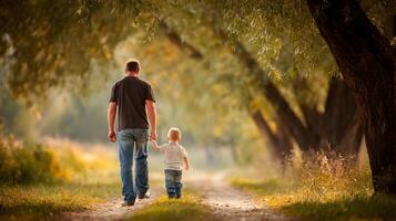 Father and Son Walking Hand in Hand on Autumn Path Tree Lined Lane photo