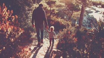 Father and Toddler Son Walking Coastal Path Golden Hour Sunlight photo