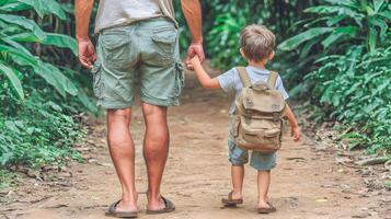 Father and Son Walking in Lush Tropical Jungle Holding Hands Child with Backpack photo