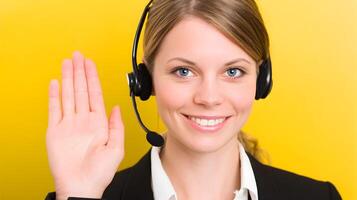 Smiling Customer Service Agent Woman Wearing Headset Showing Stop Hand Gesture Yellow Background photo