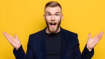 Surprised Man in Blue Blazer Yellow Background Open Hands photo
