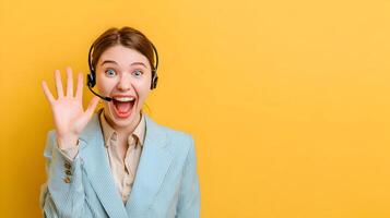 Happy Customer Service Agent Waving Hand Wearing Headset Blue Striped Blazer Yellow Background photo