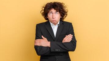 Young Man in Black Suit Looking Upward with Doubtful Expression Yellow Background photo