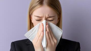 Woman in Black Blazer Blowing Nose with Tissue Sick Ill photo