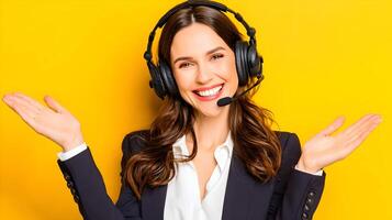 Happy Smiling Customer Support Agent Wearing Headset Gesturing with Open Palms Yellow Background photo