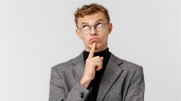 Young Man in Grey Blazer and Black Turtleneck Thinking Contemplative Expression Round Glasses Studio Shot photo