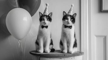 Two tuxedo cats wearing party hats and bow ties sitting on a table with balloons photo