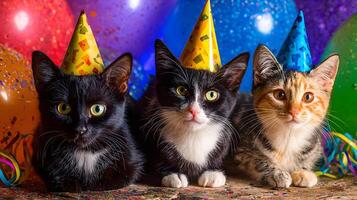 Three Kittens Wearing Party Hats with Balloons photo