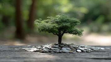 Small Tree Growing on Pile of Coins in Nature Setting photo