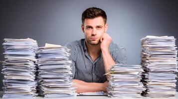 Tired Businessman Overwhelmed by Large Stacks of Paperwork Documents photo
