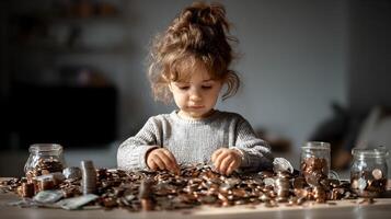 Toddler Girl Playing with Large Pile of Coins and Money Jars photo