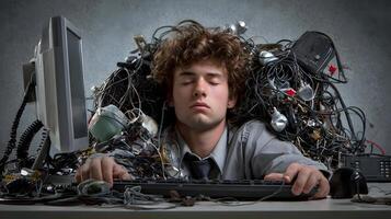 Tired Businessman Overwhelmed by Computer Cables and Devices Sleeping at Desk photo