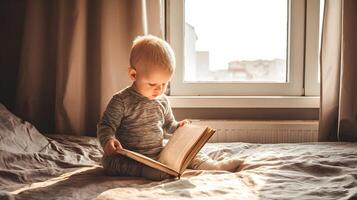 Toddler Boy Reading Book on Bed Sunlight photo