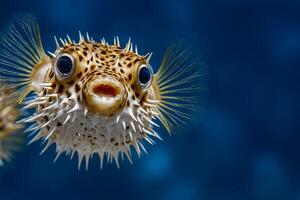 Closeup of a Porcupinefish with Open Mouth Brown and White Spots photo