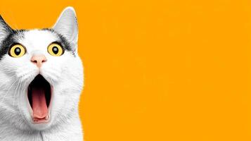 Surprised Cat with Wide Open Mouth on Orange Background Pet Animal Image photo