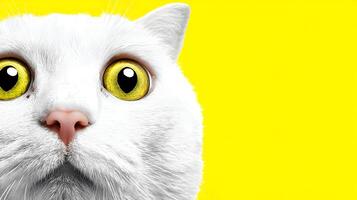 Closeup White Cat Yellow Eyes Yellow Background Pet Animal photo