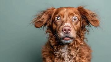 Surprised Red Dog with Wide Eyes Fluffy Fur Studio Shot photo