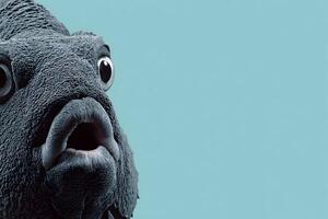 Closeup of a Surprised Dark Gray Fish with Big Eyes on a Light Blue Background photo