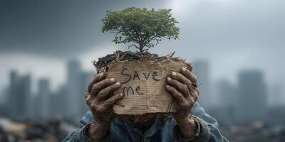 Save Me Environmental Concept Image Person Holding Small Tree in Cardboard Box with City Background photo
