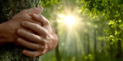 Mans Hands Clasped Around Tree Trunk in Forest Sunlight photo