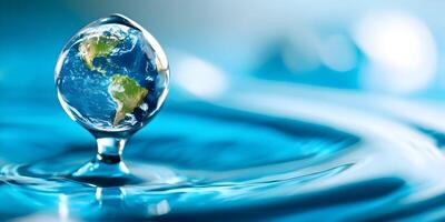 Earth Globe Water Drop Ripples Blue Background Image photo
