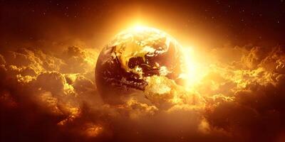 Golden Earth Rising Through Fiery Clouds Space Background photo