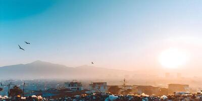 Sunrise over Cityscape with Garbage Pile and Birds in Flight photo