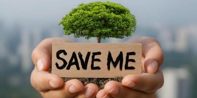 Hands Holding Small Tree with Save Me Sign Environmental Conservation photo