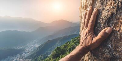 Hand on Tree Trunk Mountain View Sunrise Landscape photo