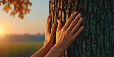 Sunset Nature Scene Hands Touching Tree Bark Golden Hour photo